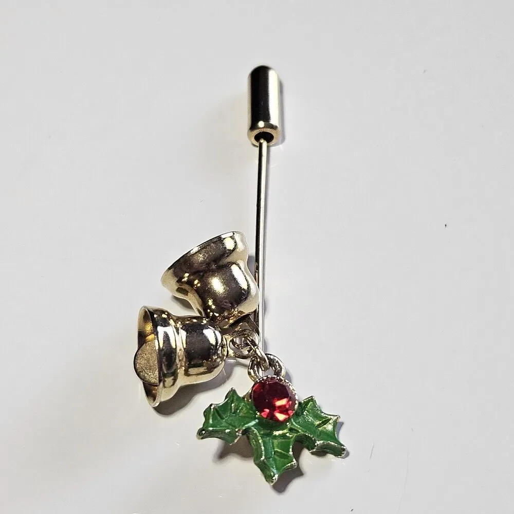 Vintage Christmas Stick Pin Red Rhinestone Green Holly Leaves Gold Tone Bells